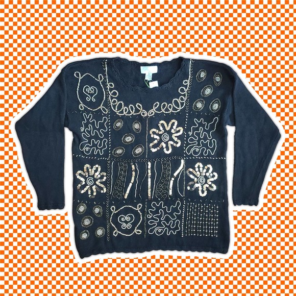 VTG 80s Beaded and Sequined Gold and Black Knit Sweater Sz M Margules Sz M - Picture 1 of 7